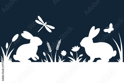 rabbit and hare silhouette among grass wheat and wildflower vector