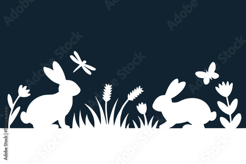 rabbit facing rabbit floral meadow scene with dragonfly vector