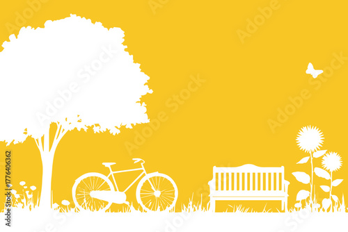 bicycle park scene with tree bench sunflower and butterfly silhouette