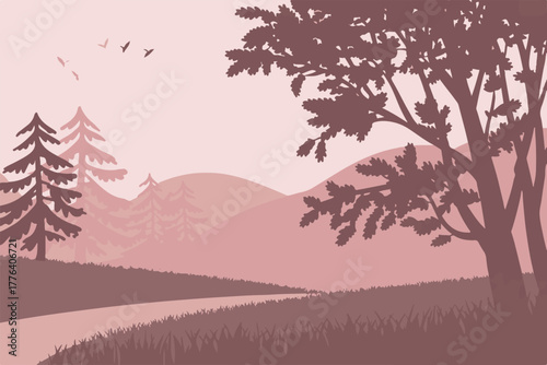 landscape serene river scene with rolling hills and mixed trees