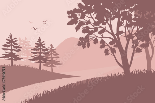 landscape river valley with conifer and broadleaf trees in pink tones