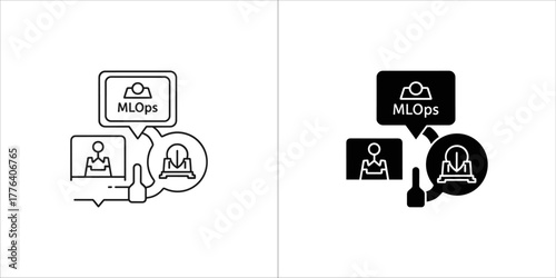 Mlops concept with two icons representing machine learning operations and a hand holding a speech bubble