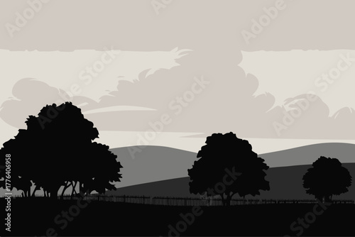 landscape vector of fence and trees against layered cloudscape