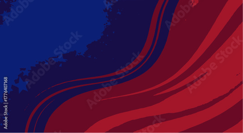 Abstract vector background featuring deep red flowing waves and lines on the right, contrasting with a dark blue upper-left corner with grunge texture and subtle stars for a patriotic look.