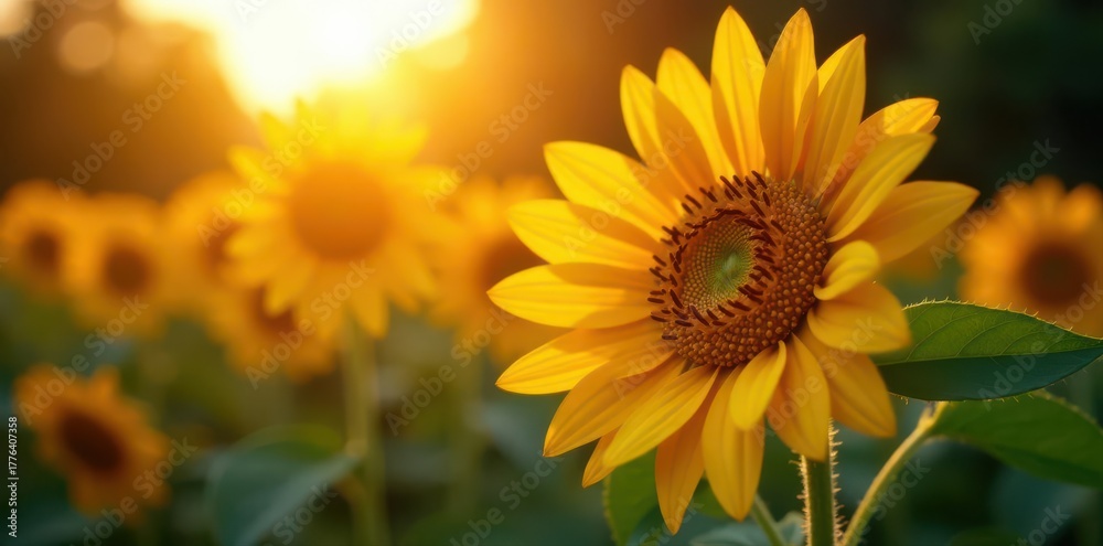 Obraz premium Golden sunflower, evening sun rays illuminate petals, floral, warm, sunset