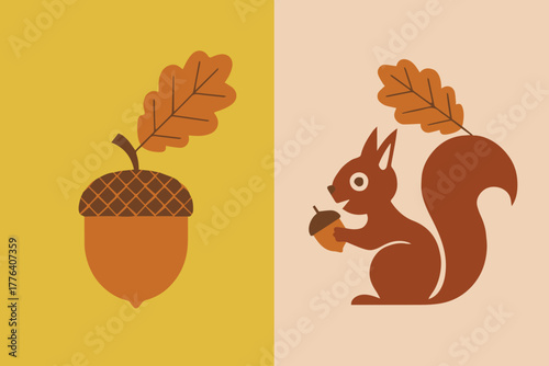 acorn and squirrel autumn vector illustration with leaf symmetry layout