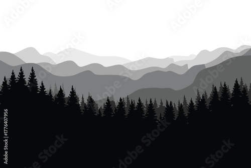 forest silhouette of conifer trees with layered mountain ranges in grayscale