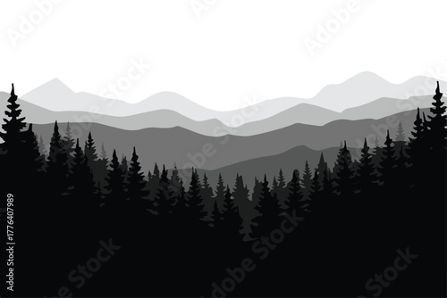 forest conifer silhouettes and misty mountain layers in monochrome landscape