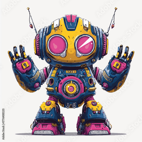 Cartoon Robot Character with Antennae and Pink Eyes Standing on White Background Detailed Illustration with Yellow and Blue Design Elements for Children and Tech Enthusiasts