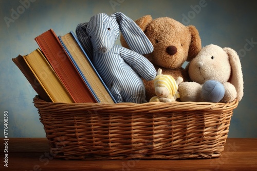A cozy basket filled with plush toys and colorful books, creating a warm, inviting atmosphere