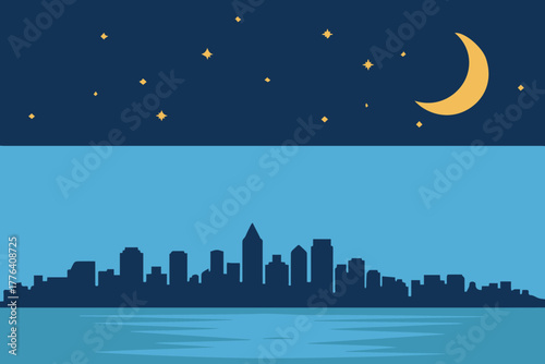 cityscape skyline reflected in water night scene with moon