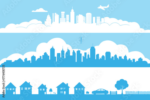 cityscape skyline of skyscrapers airplane above modern urban skyline