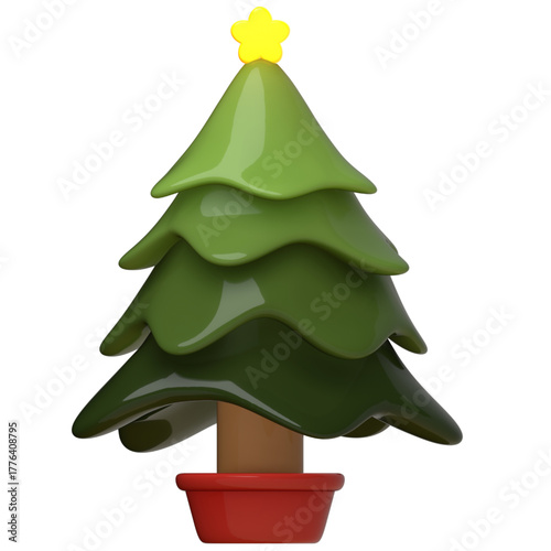 A shiny, 3D rendered cartoon Christmas tree with a yellow star on top, planted in a red pot, and isolated on white