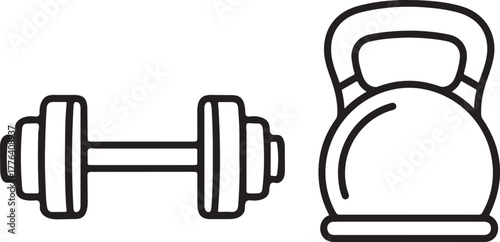 Dumbbell and kettlebell icons, fitness equipment concept, minimalist line art, isolated on white background.