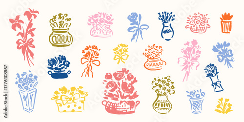 Set of hand drawn, sketch style flowers in vases, baskets. La dolce vita cute vector illustrations. Design for wedding card, birthday, anniversary, holiday greetings. Flower shop concept. Bouquetes.