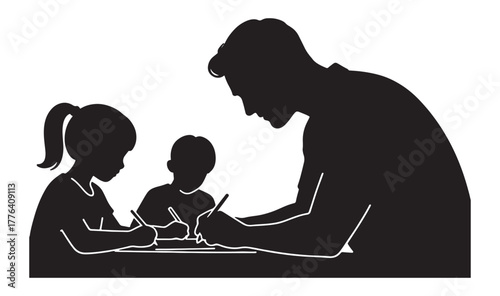 Silhouette of Father Teaching and Learning With His Children at Sunset