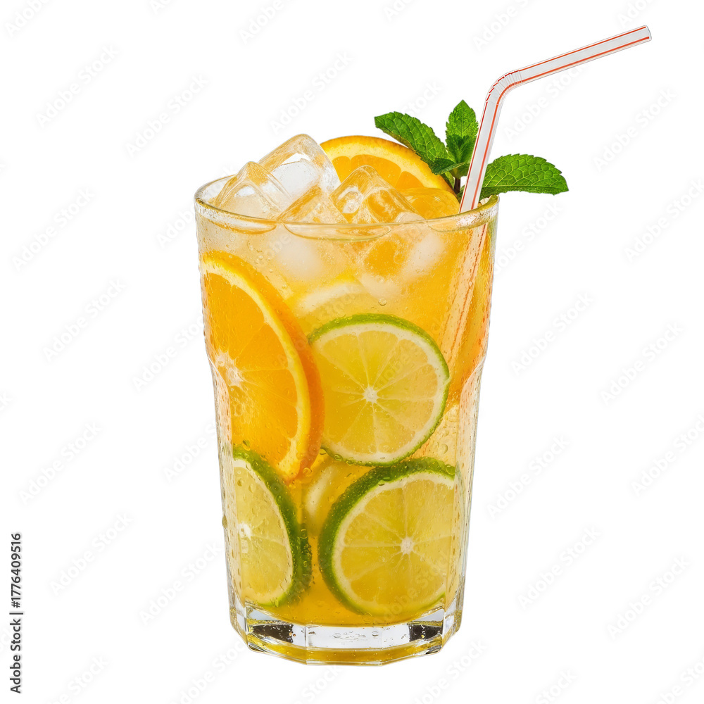 Fototapeta premium Orange and lime citrus drink with ice isolated on a transparent background