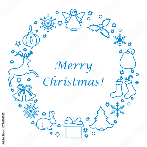 Christmas wreath design with festive icons and Merry Christmas! text in blue as a background