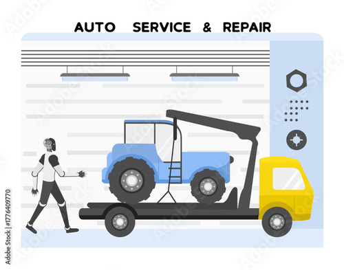 Auto service station with robot examining car on lift platform in workshop setting