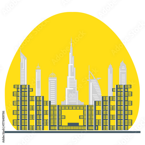 United Arab Emirates skyscrapers silhouette. Dubai buildings, hotels and symbol vector illustration. Dubai city skyline. Towers and landmarks cityscape. Camel. Design for banner, poster or print.
