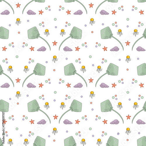 Marine life seamless pattern with sea creatures and shells in pastel colors, perfect for backgrounds