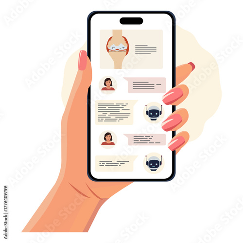 Chat conversation on smartphone screen held by hand displaying diverse messages