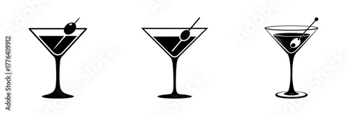 A collection of three classic martini cocktail glasses. Black and white icons of alcoholic beverages, perfect for bar menus, party invitations, or nightlife themes.