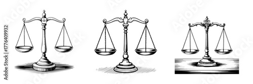A set of three scales of justice illustrations in a vintage or engraved style. Symbol of law, equality, and balance, suitable for legal or philosophical concepts.