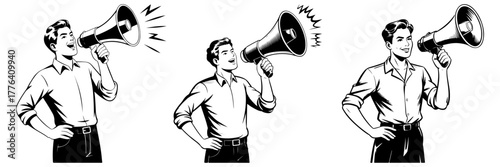 A set of illustrations featuring a man in retro style shouting into a megaphone. Concept of announcement, protest, communication, or public speaking. Pop art graphic.