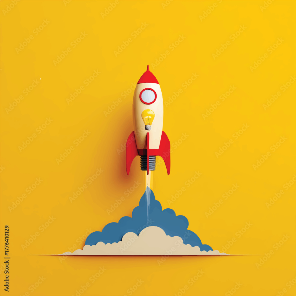 Obraz premium Creative Startup Concept Rocket Launch with Light Bulb Idea on Yellow Background Inspiring Innovation and Entrepreneurship Symbolizing Success and Business Growth