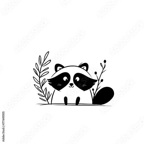 Raccoon. Raccoon simple black and white line art vector logo
