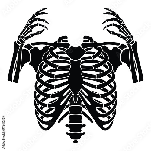 Black silhouette human rib cage with arms and hands, depicting anatomical structure for medical education, halloween themes, or biological studies, isolated on a clean background.