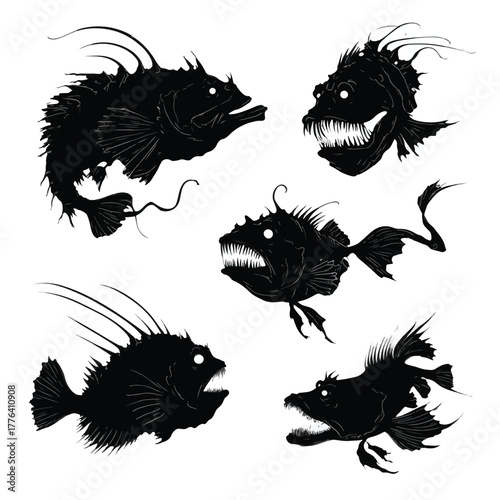 set of black silhouettes of angler fish