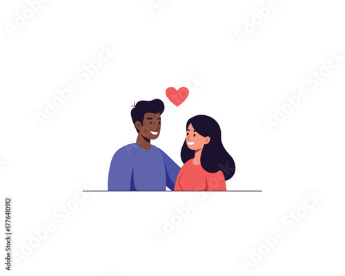 A loving diverse couple embracing with a heart symbol above them representing affection and romance