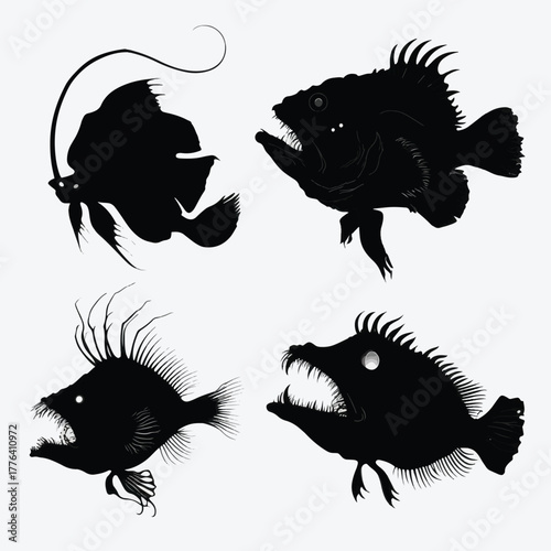 set of black silhouettes of angler fish