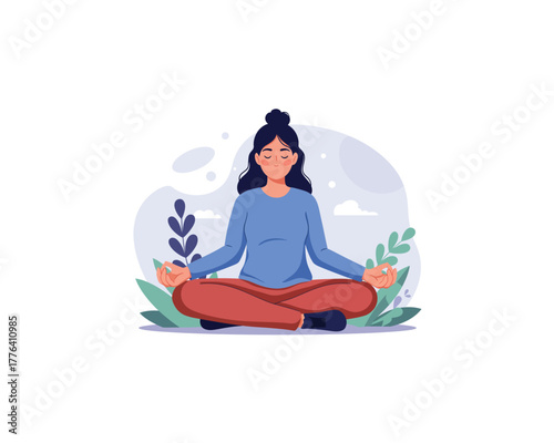 Young woman meditating peacefully in a serene natural setting with plants and soft background elements