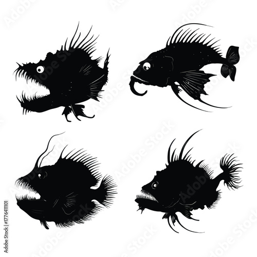 set of black silhouettes of angler fish
