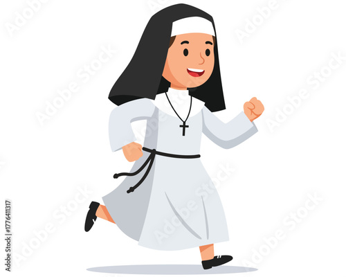 Joyful cartoon nun running with a smile and a cross necklace representing faith and happiness in motion