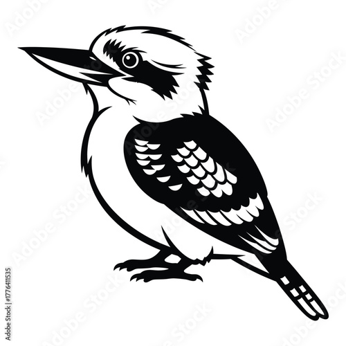 Stylized kookaburra vector illustration, black and white graphic design of australian native bird looking left, isolated on a clean background, perfect for logos and wildlife themes.