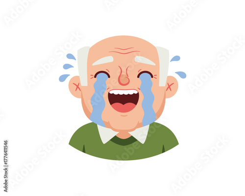 Joyful elderly man laughing hysterically with tears of happiness streaming down his cheeks