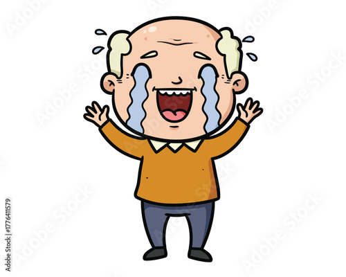 Joyful bald man with receding hairline laughing hysterically with tears streaming down his face and arms raised in amusement