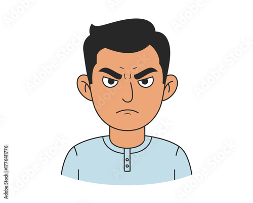 Photos Close up cartoon illustration of an angry man with dark hair and furrowed brow e