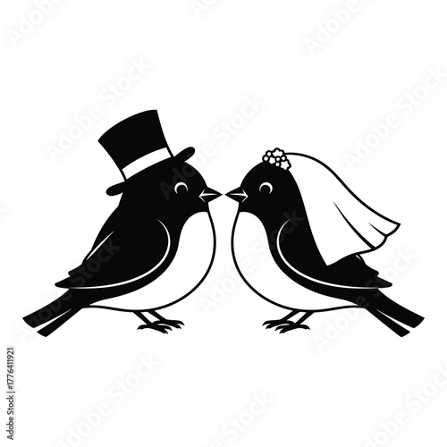 Charming cartoon birds, a bride with a delicate veil and a groom with a classic top hat, sharing a loving kiss, symbolizing enduring partnership, wedding, and romantic celebration.