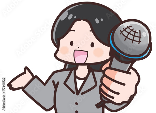 スーツを着た女性がマイクを持ってインタビューしているイラスト