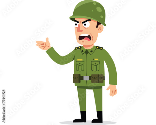 Angry cartoon soldier in military uniform shouting orders and gesturing aggressively against white background
