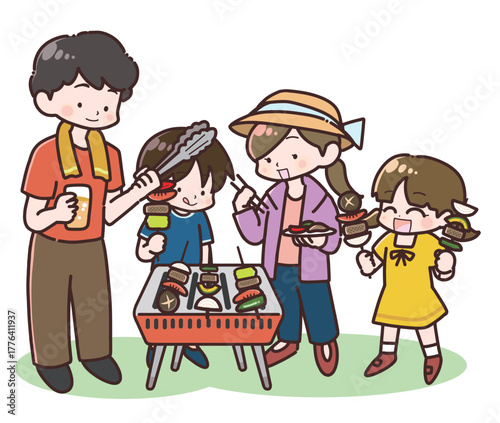 屋外でバーベキューをする家族のイラスト