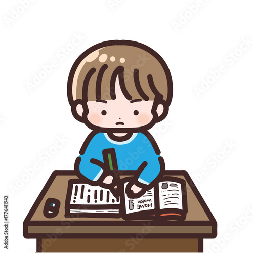 机に座って勉強する男の子