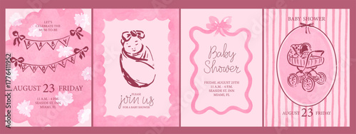 
Baby shower cards design in soft pale pink shades. Gentle watercolor textures. Hand drawn bow, ribbon, garland with flags. Retro style baby stroller. Cute slipping newborn.