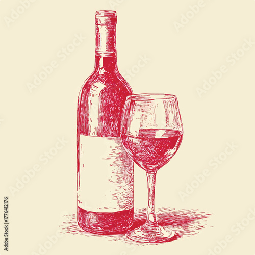 Elegant Sketch of a Red Wine Bottle and Glass Illustration for Wine Enthusiasts and Drink Related Themes Perfect for Restaurant Decor and Wine Tasting Events