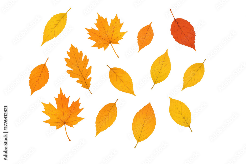 Naklejka premium Autumn leaves falling, scattered maple, oak, and other tree foliage creating a vibrant seasonal background on transparent